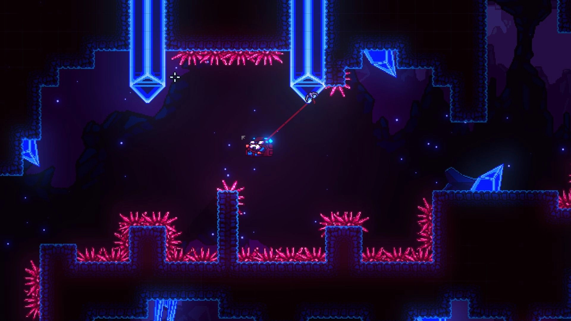 NAICA: Grappling hook swing over spike-lined platforms in a dark crystal cave with blue pillars.