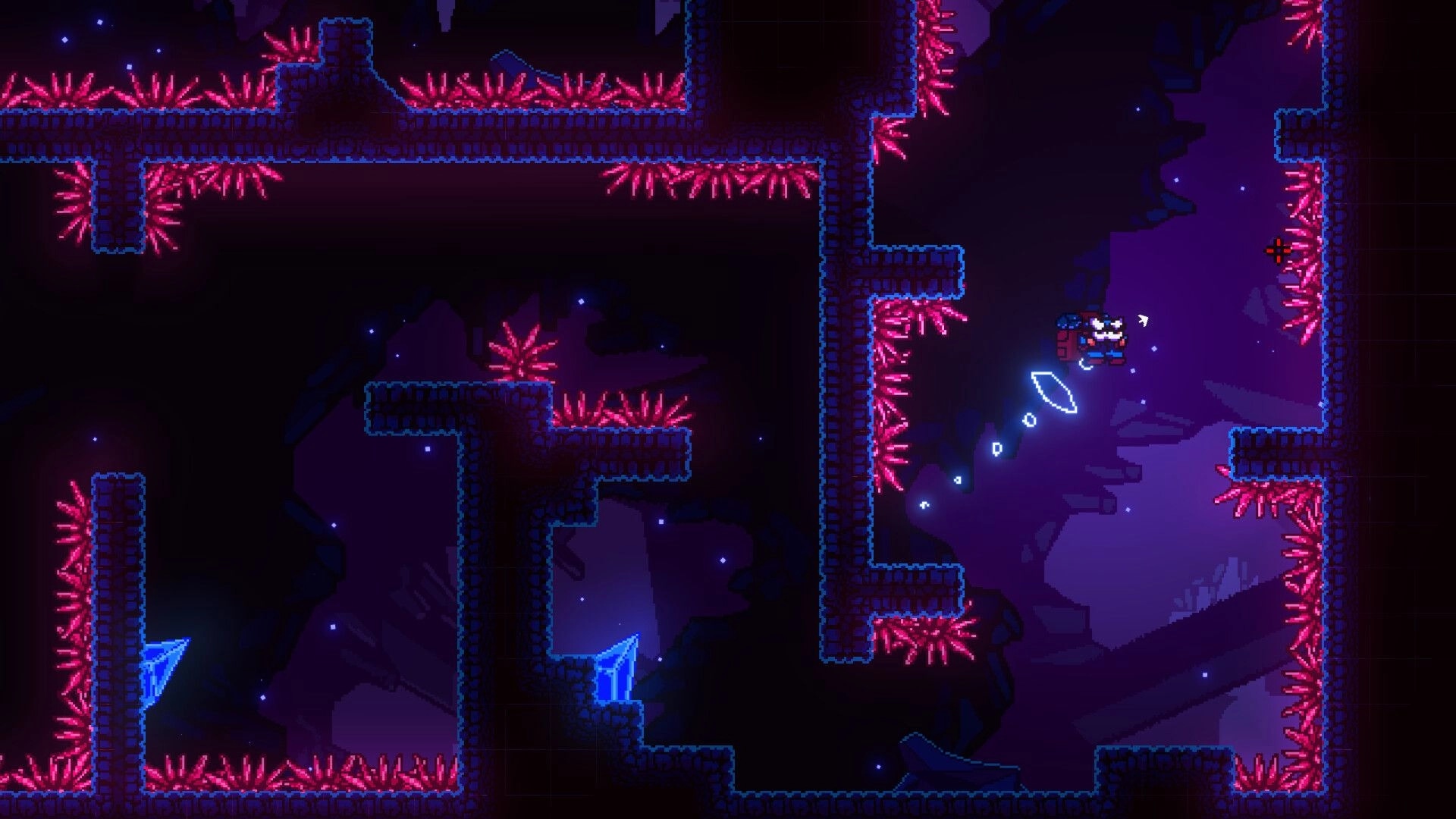 NAICA: Player character dashes midair past pink spikes in a dark crystal cave platforming room.