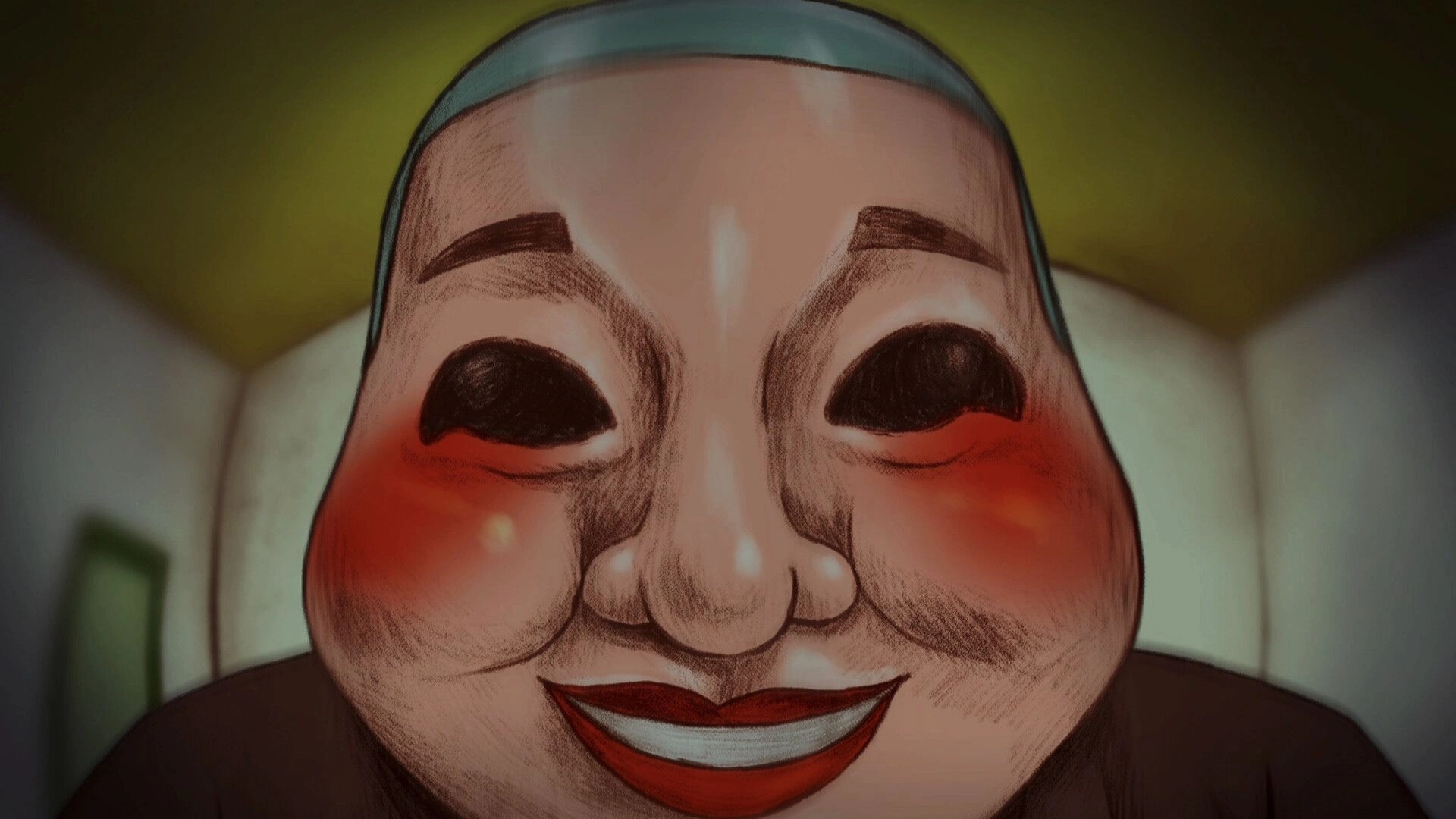 NAME OF THE WILL: Close-up of a smiling, red-cheeked mask in a dimly lit room with green walls