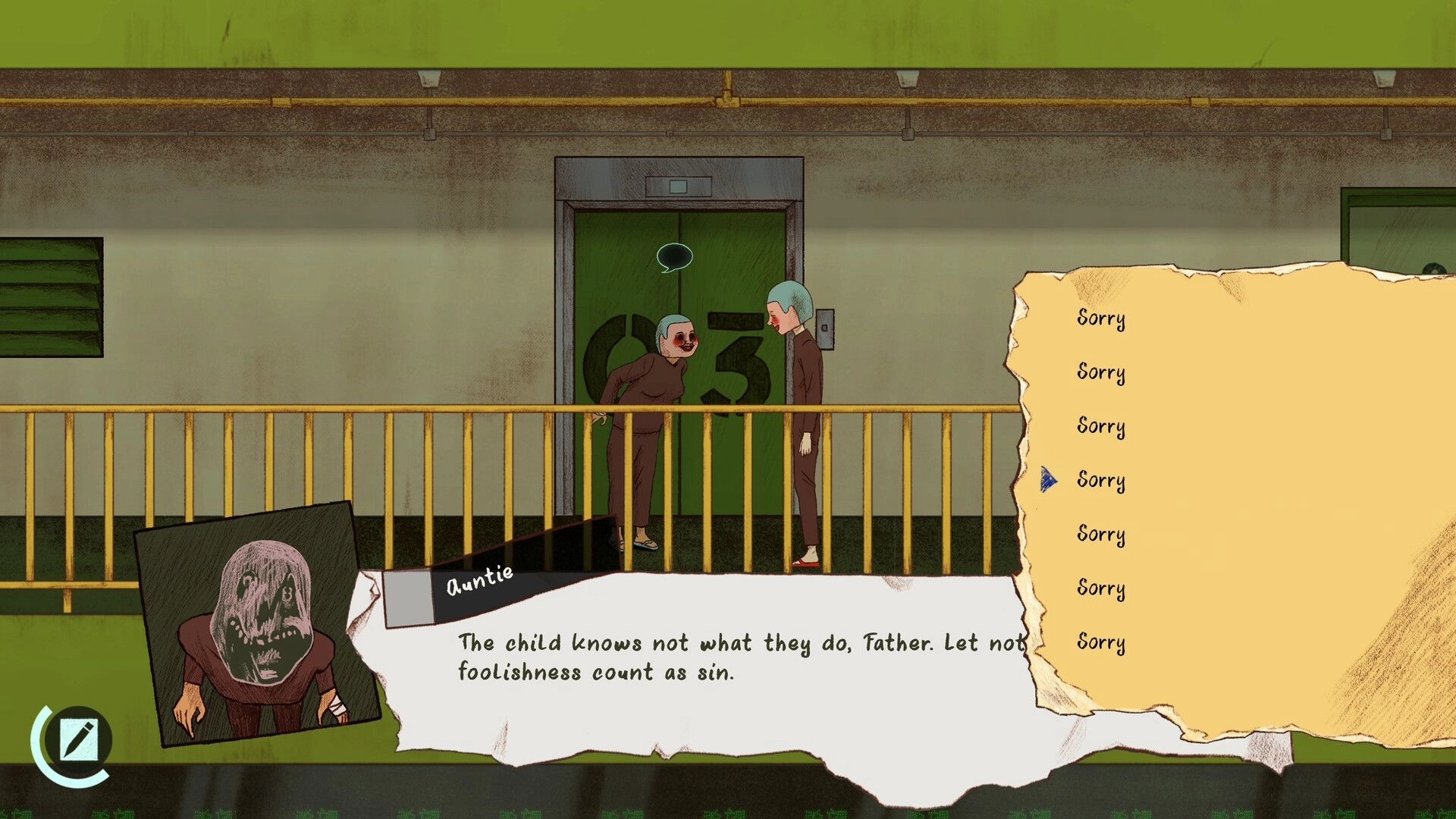 NAME OF THE WILL: Two masked characters converse on a balcony with dialogue and apology options visible.
