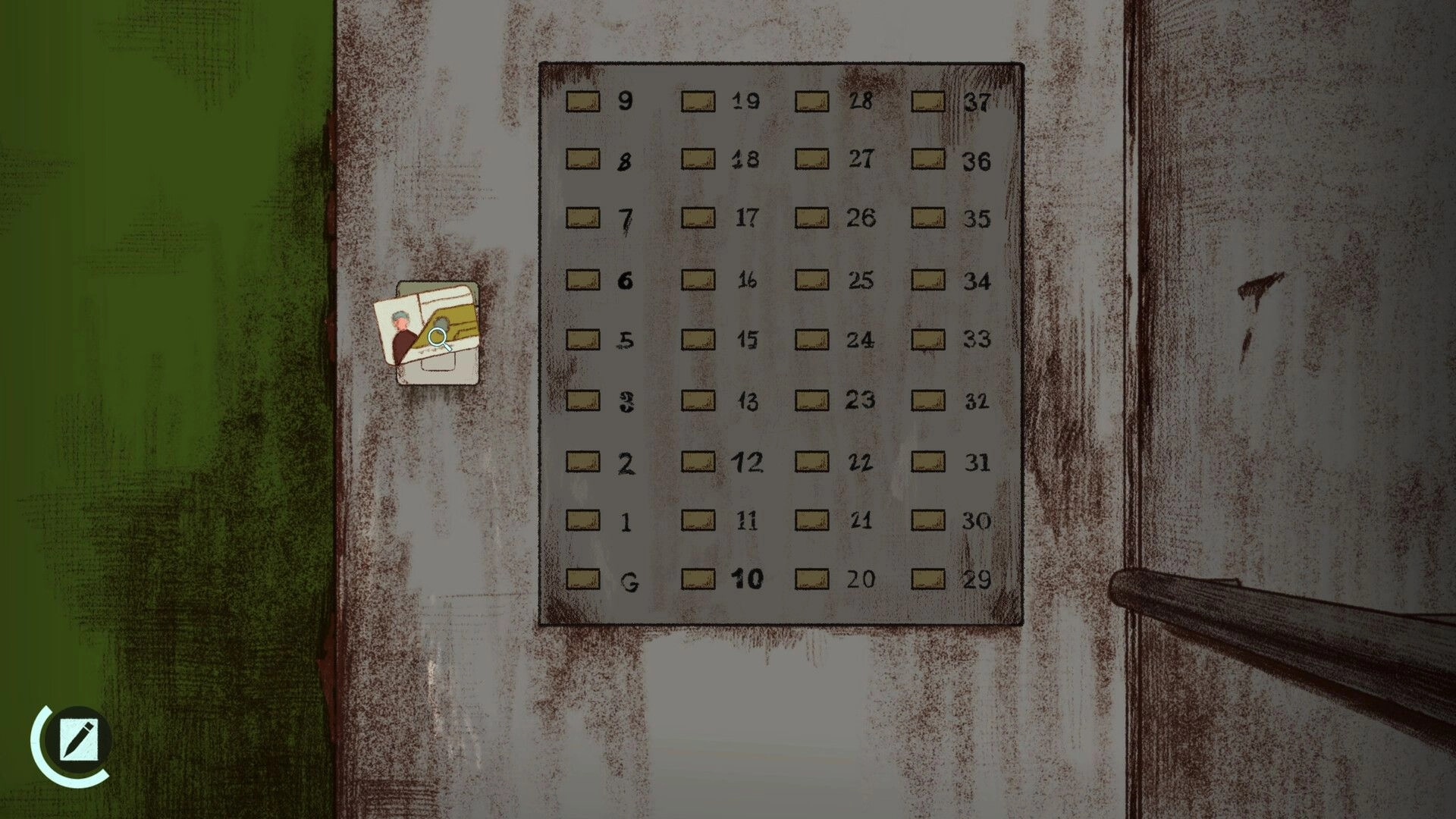 NAME OF THE WILL: Numbered grid on an elevator panel with a photo card on a weathered wall