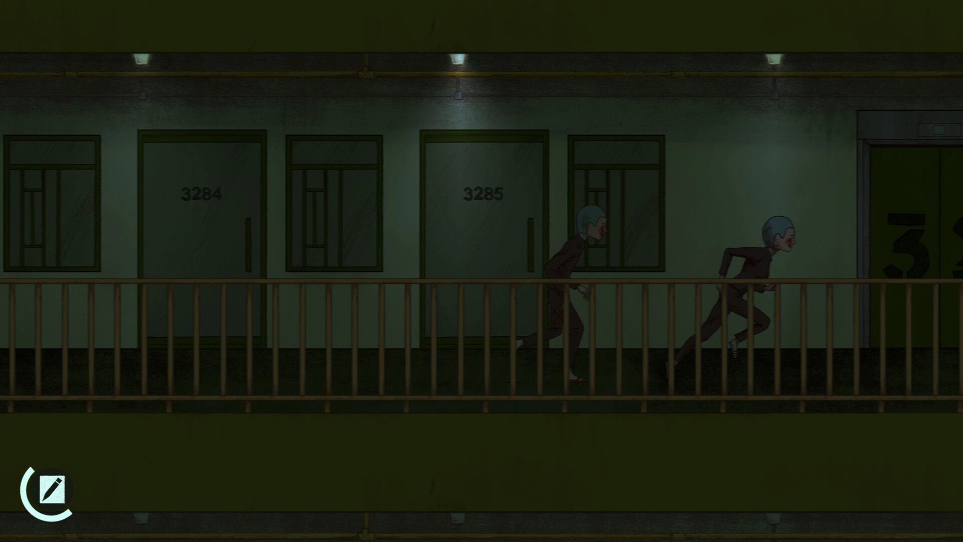 NAME OF THE WILL: Two masked figures running along a dimly lit corridor past numbered doors in a dark setting.