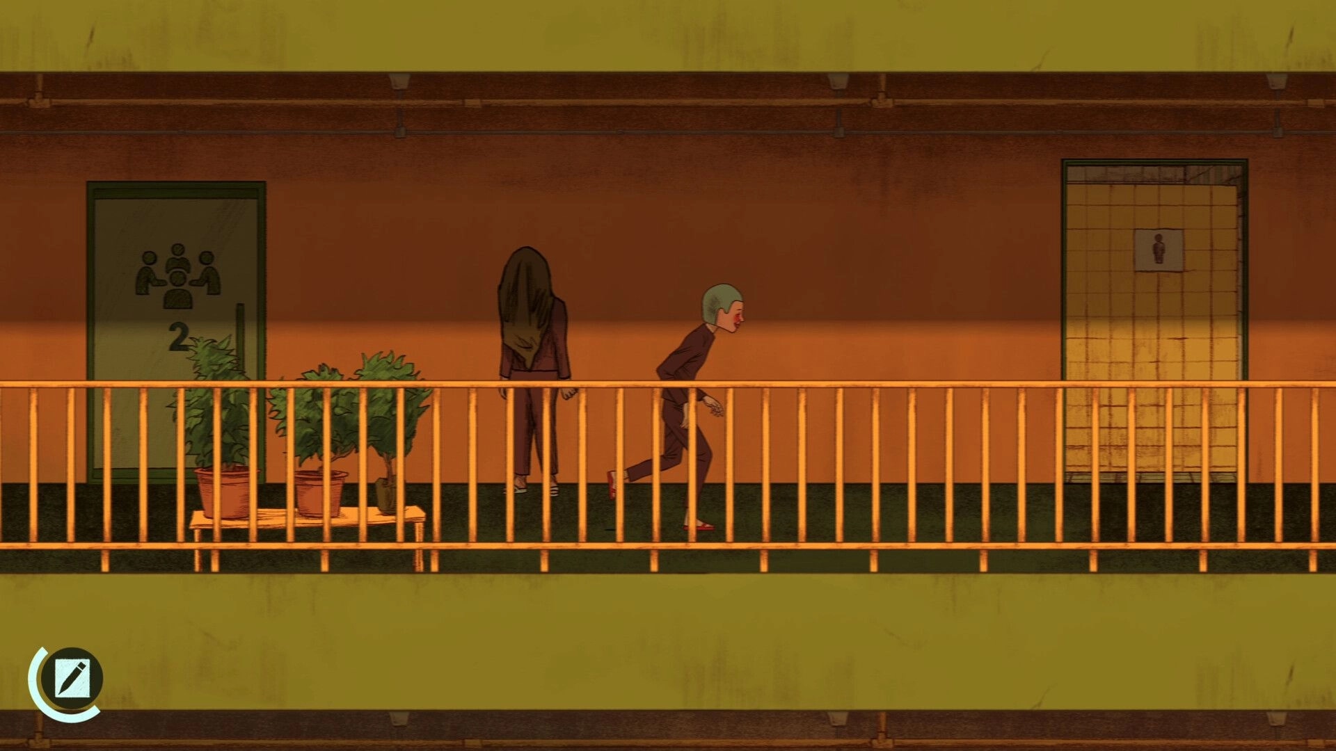 NAME OF THE WILL: Two characters walk along a dimly lit corridor with doors marked by symbols and numbers