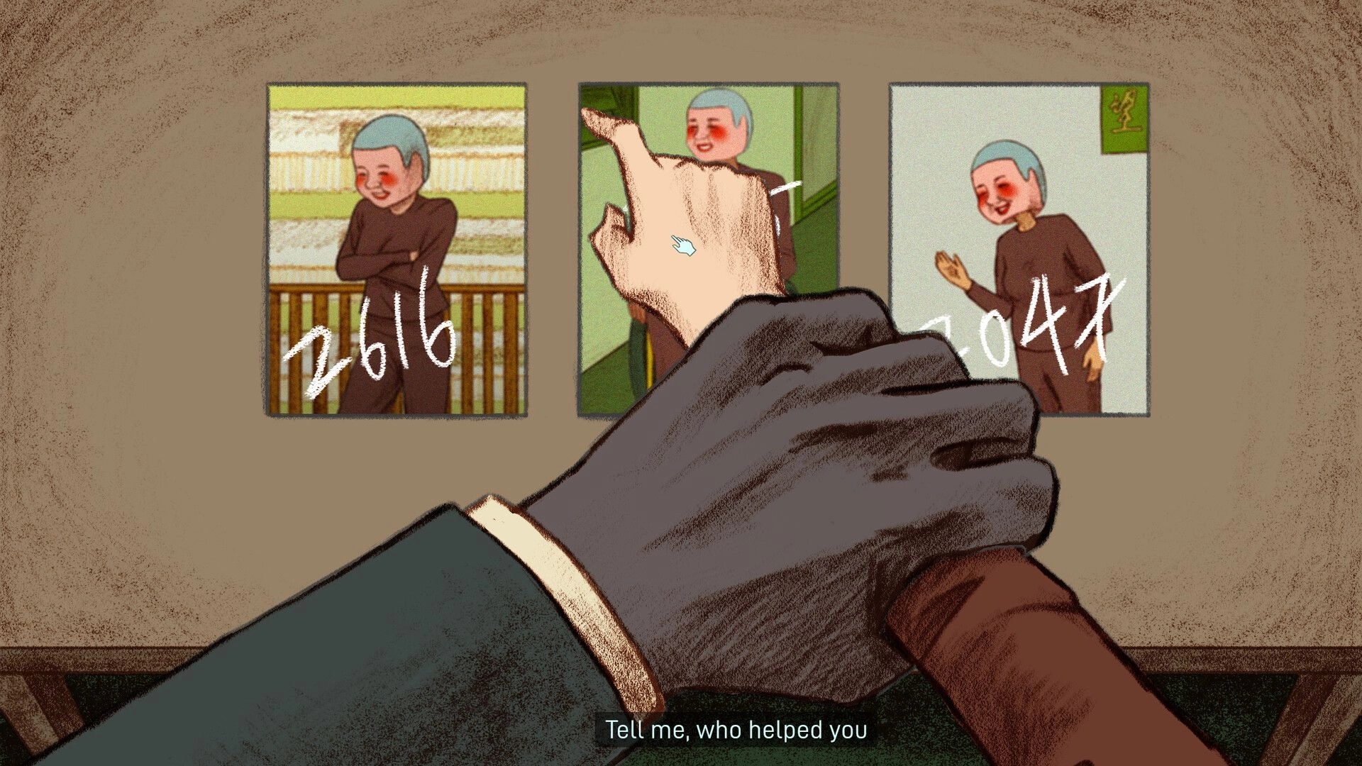 NAME OF THE WILL: Hand points to three portraits, each with numbers, in an interrogation room setting