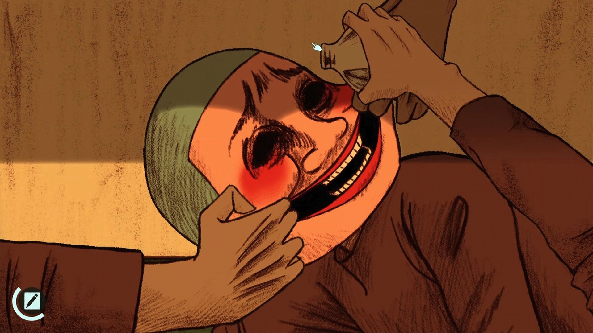 NAME OF THE WILL: Character in agony holding a distorted mask in dimly lit room with editing icon visible