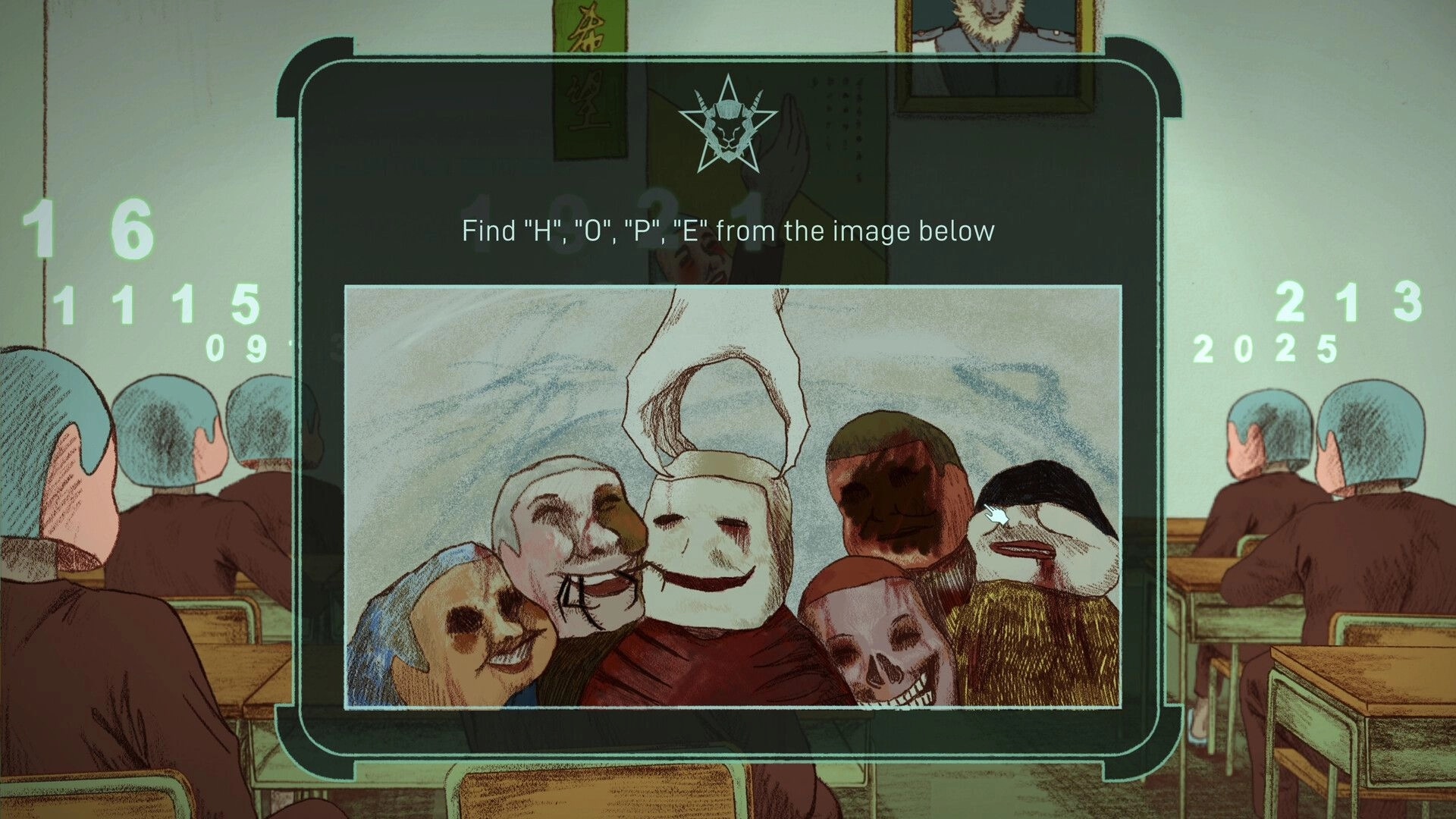 NAME OF THE WILL: Classroom scene with students and a task to find letters in a drawing of masked figures.
