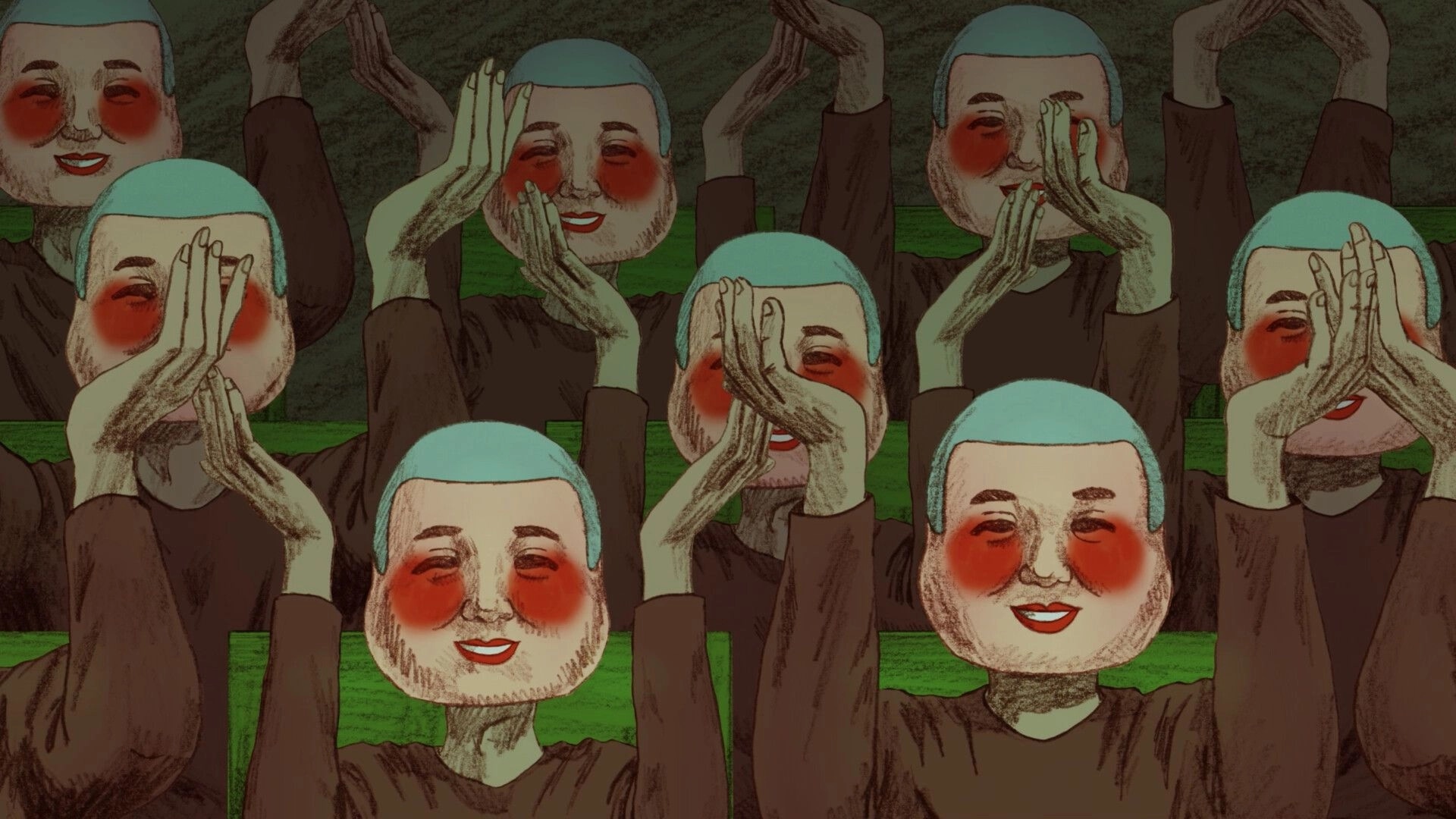 NAME OF THE WILL: Masked cult members with painted faces clapping in unison within a dimly lit hall.