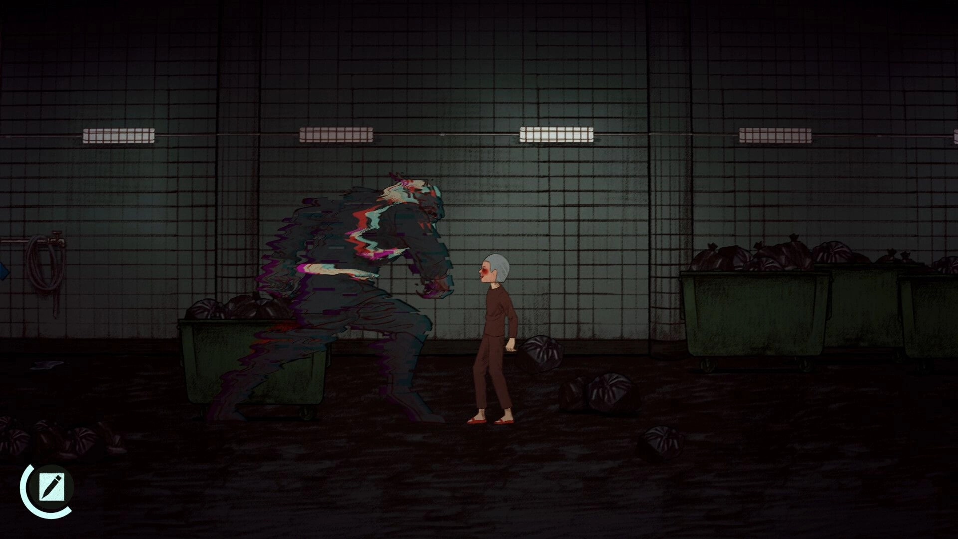 NAME OF THE WILL: Character faces glitchy monster in a dimly lit, trash-filled room with tiled walls.