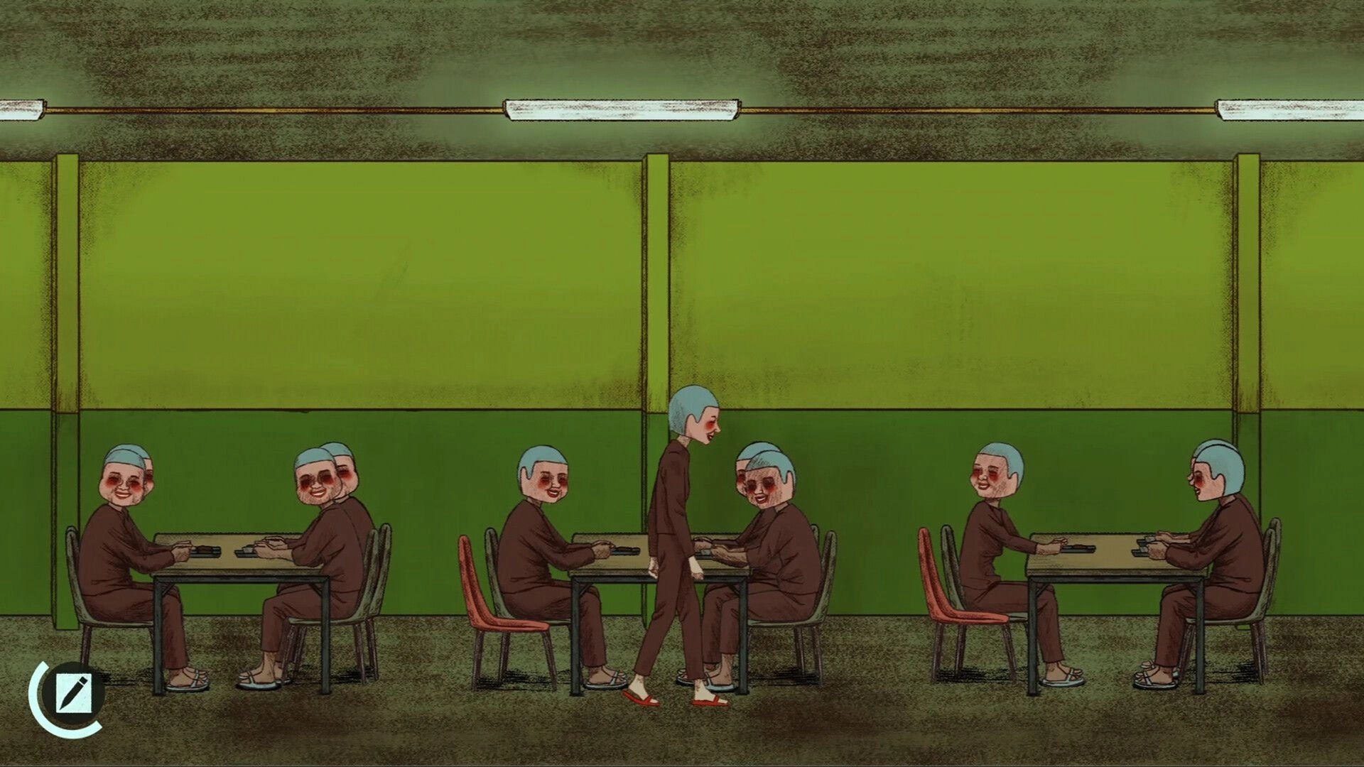 NAME OF THE WILL: Characters seated at tables in a dimly lit green room with uniformed cult members.