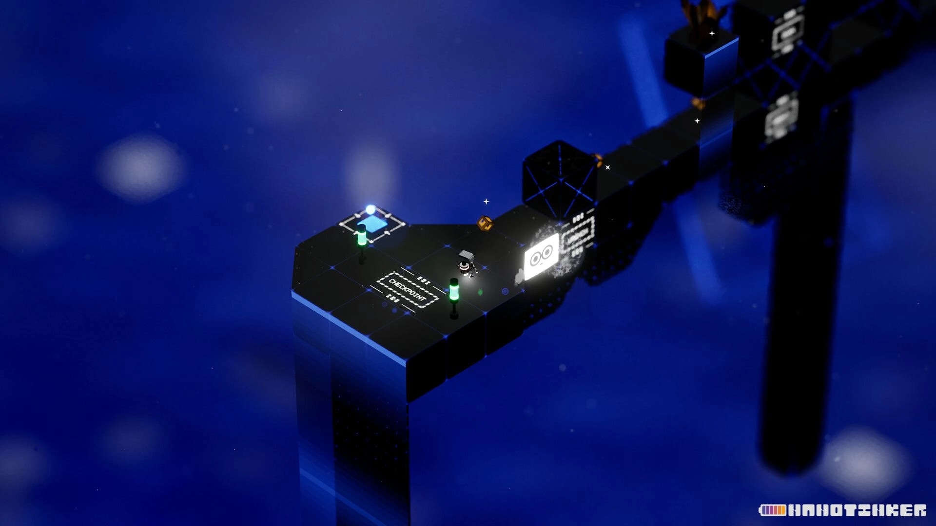 NANOTINKER: Small robot stands by a CHECKPOINT pad on floating tiles in a blue void corridor.
