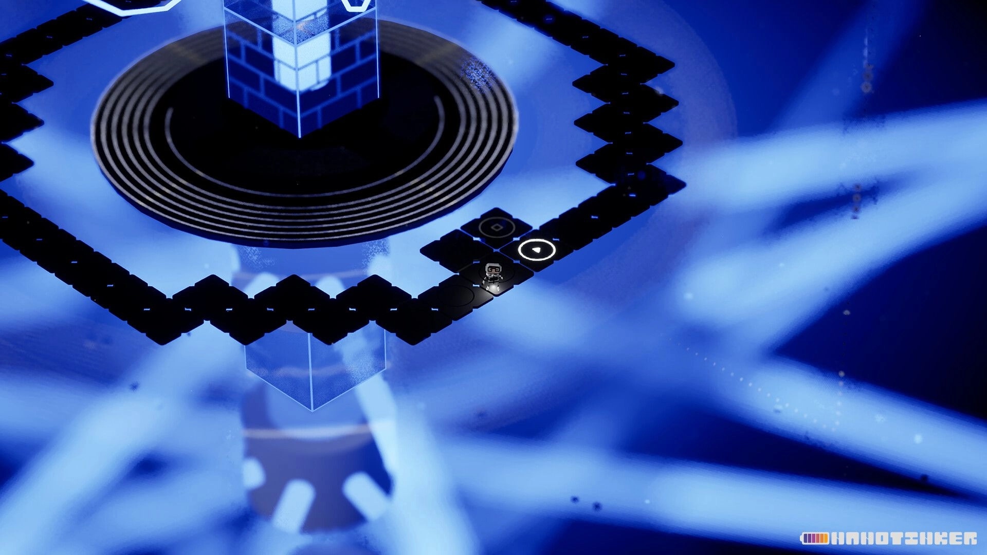 NANOTINKER: Tiny robot stands on black tile path beside a circle pad in a glowing blue void.