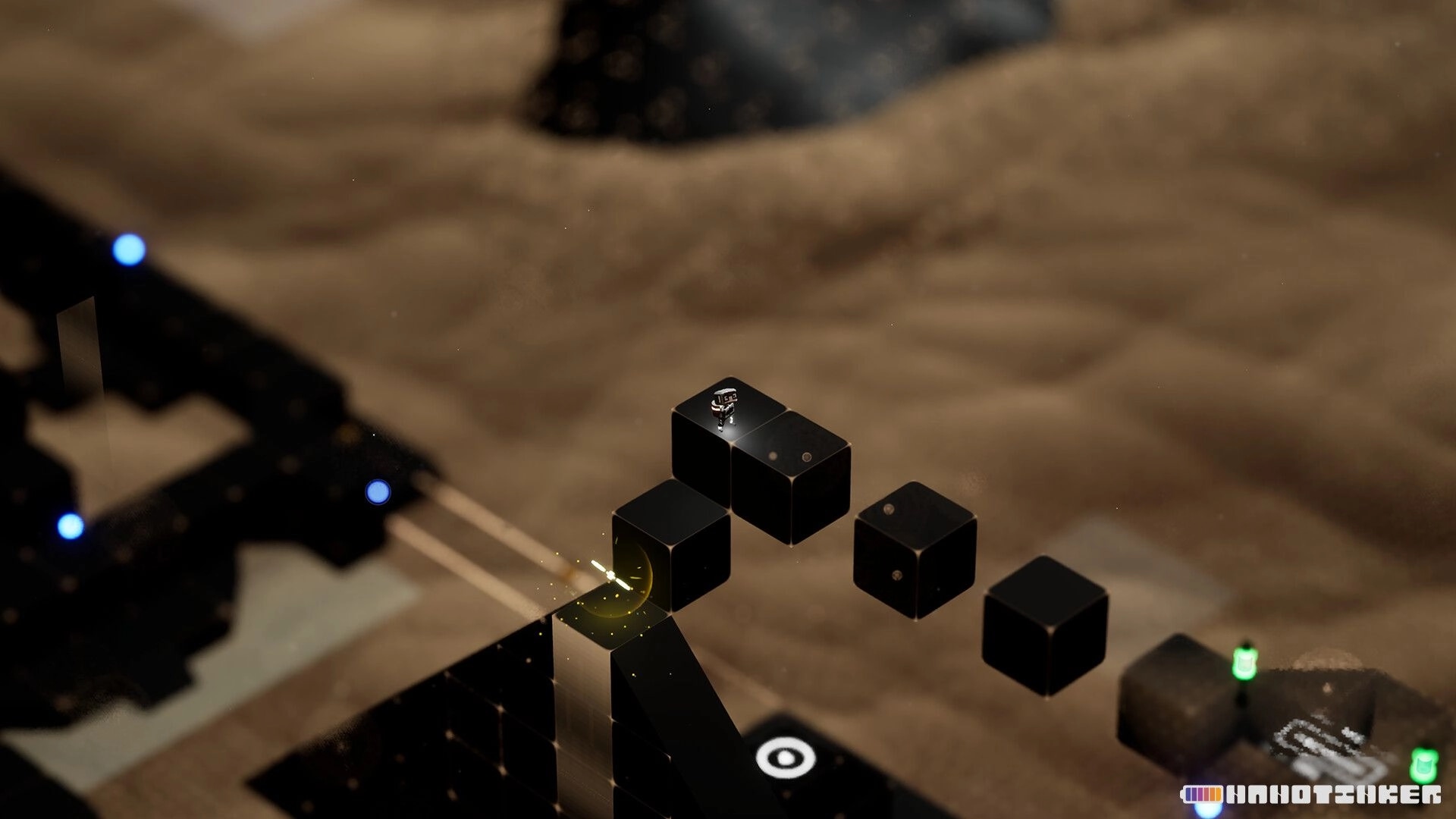 NANOTINKER: Tiny robot stands on black cube platforms above a sandy void with glowing nodes nearby.