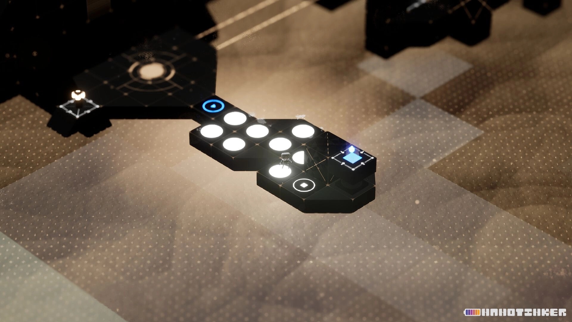 NANOTINKER: Small robot on glowing white tile path with blue markers in abstract grid arena.