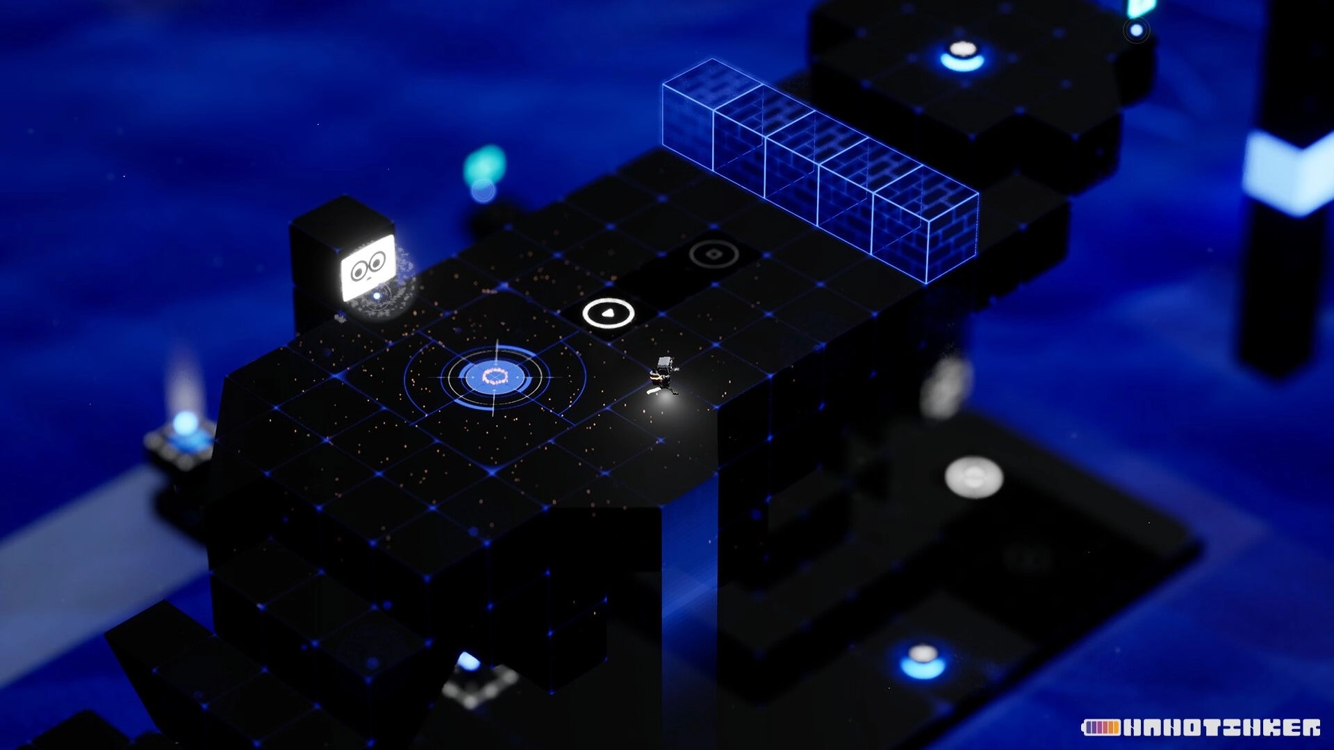 NANOTINKER: Tiny robot on dark grid platform near glowing nodes and transparent bridge in blue void.