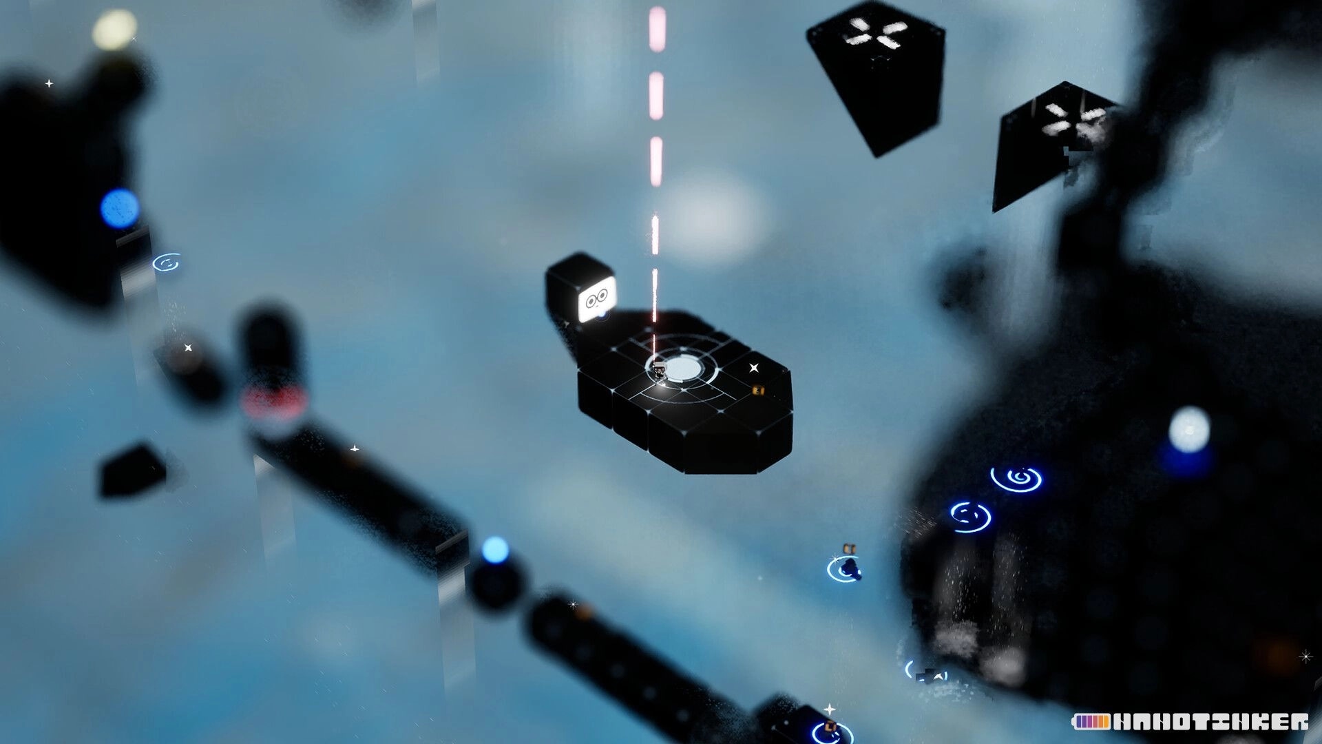 NANOTINKER: Tiny robot stands on a black platform under a red laser beam in a misty void.