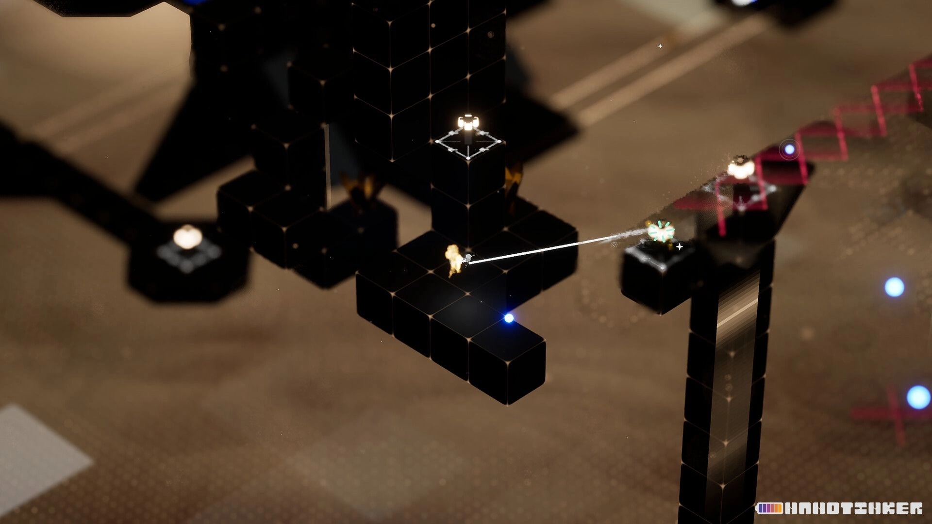 NANOTINKER: Tiny figure aims a beam at a glowing node across black cube platforms in a void-like arena.