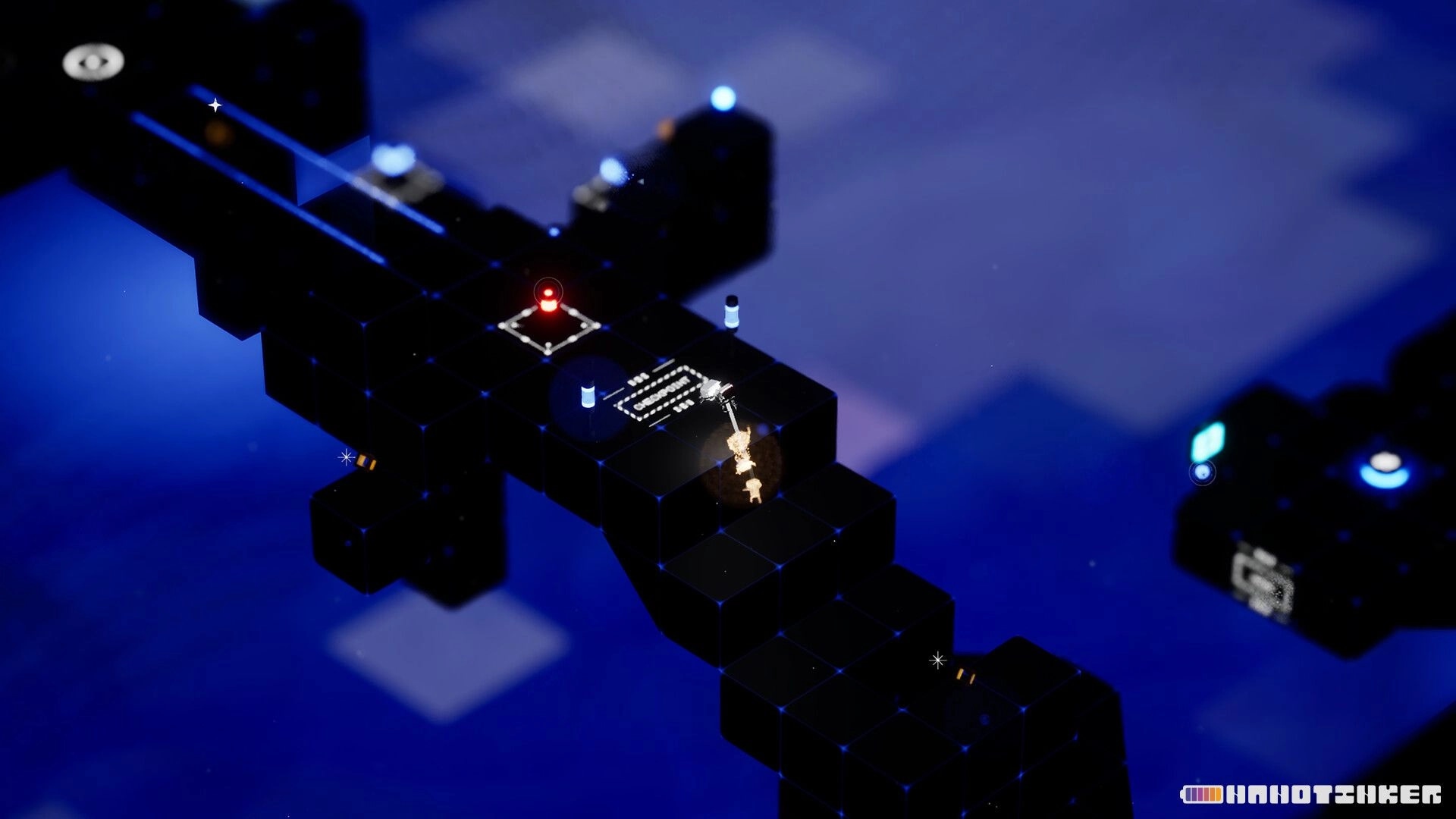 NANOTINKER: Isometric robot on black cube platforms near a red switch in a blue void world.