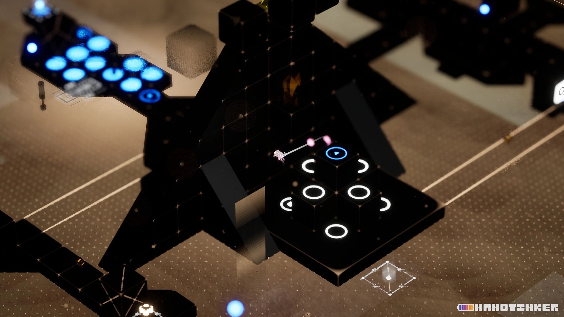 NANOTINKER: Tiny avatar jumps between black blocks with glowing rings in an abstract isometric maze.