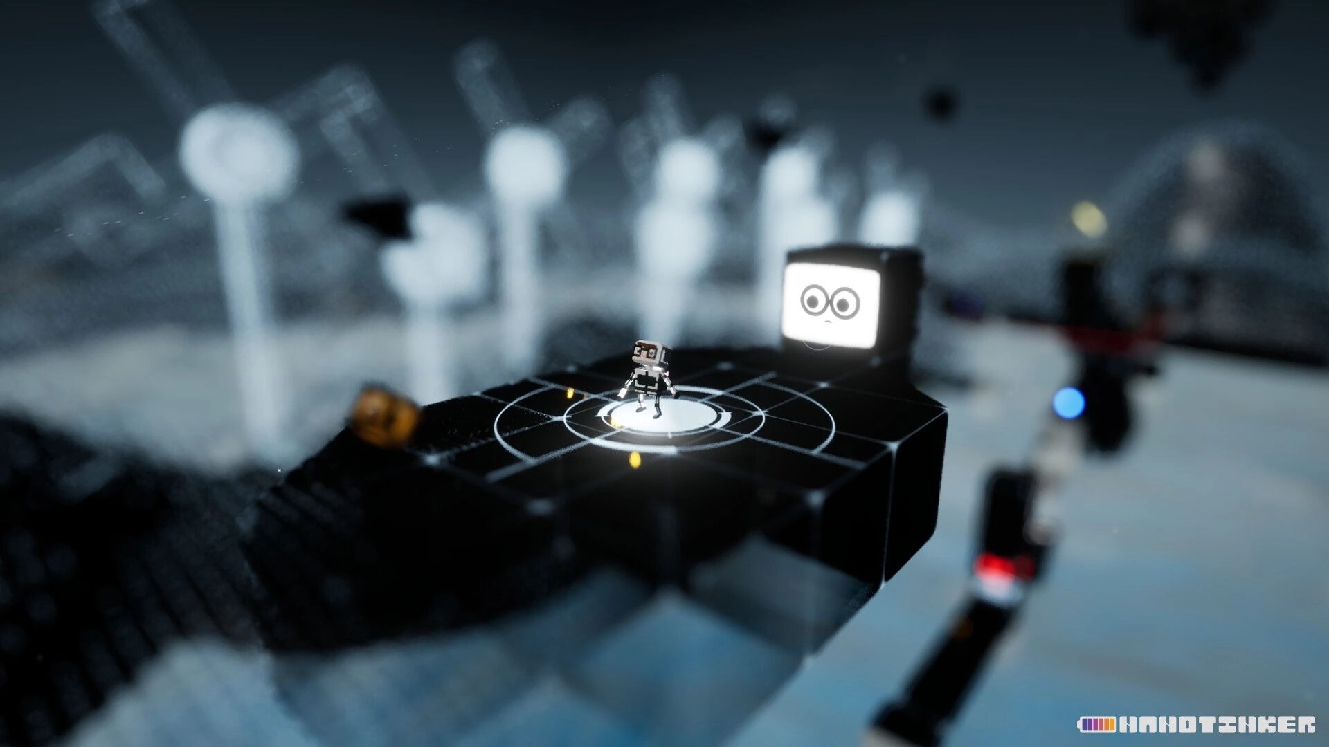 NANOTINKER: Tiny robot stands on a circular pad atop black grid platform in a blurred lab world.