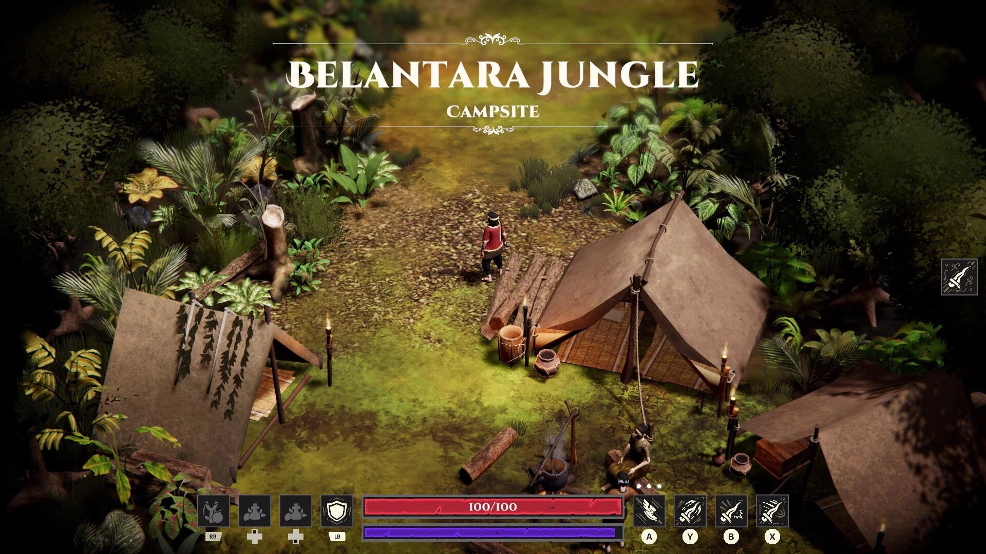 Nantara Adventures: Character exploring Belantara Jungle campsite with tents and lush vegetation visible