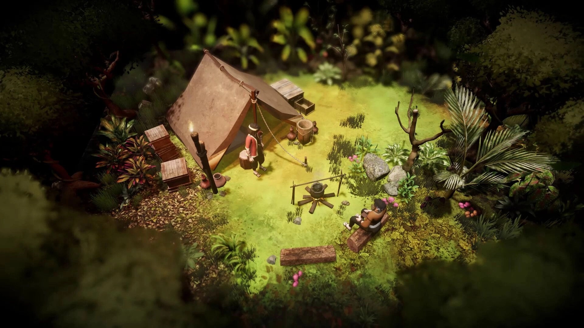Nantara Adventures: Two characters near a tent in a lush forest campsite setting.