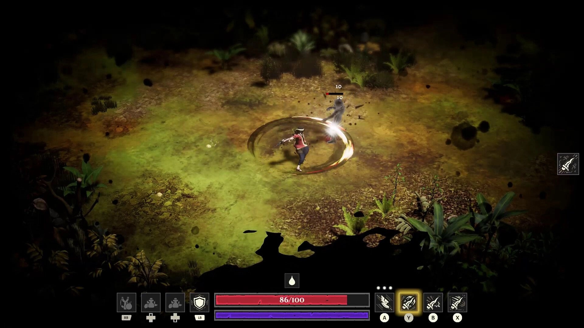 Nantara Adventures: Character in combat with enemy in forest clearing, health and skill icons visible