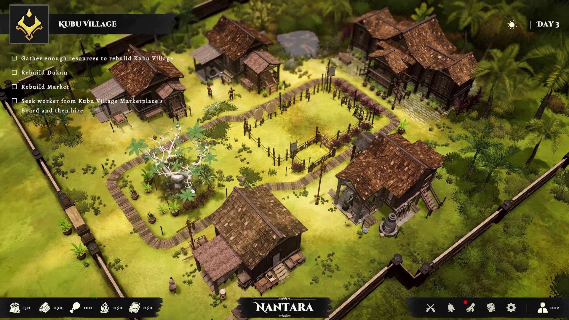 Nantara Adventures: Overhead view of Kubu Village with tasks and resources displayed in lush environment