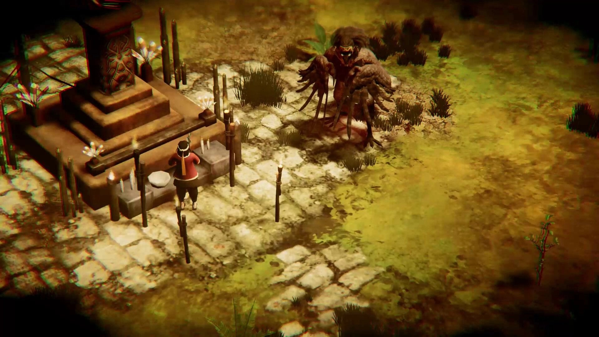Nantara Adventures: Player character encounters a large creature near a stone altar in a grassy area.