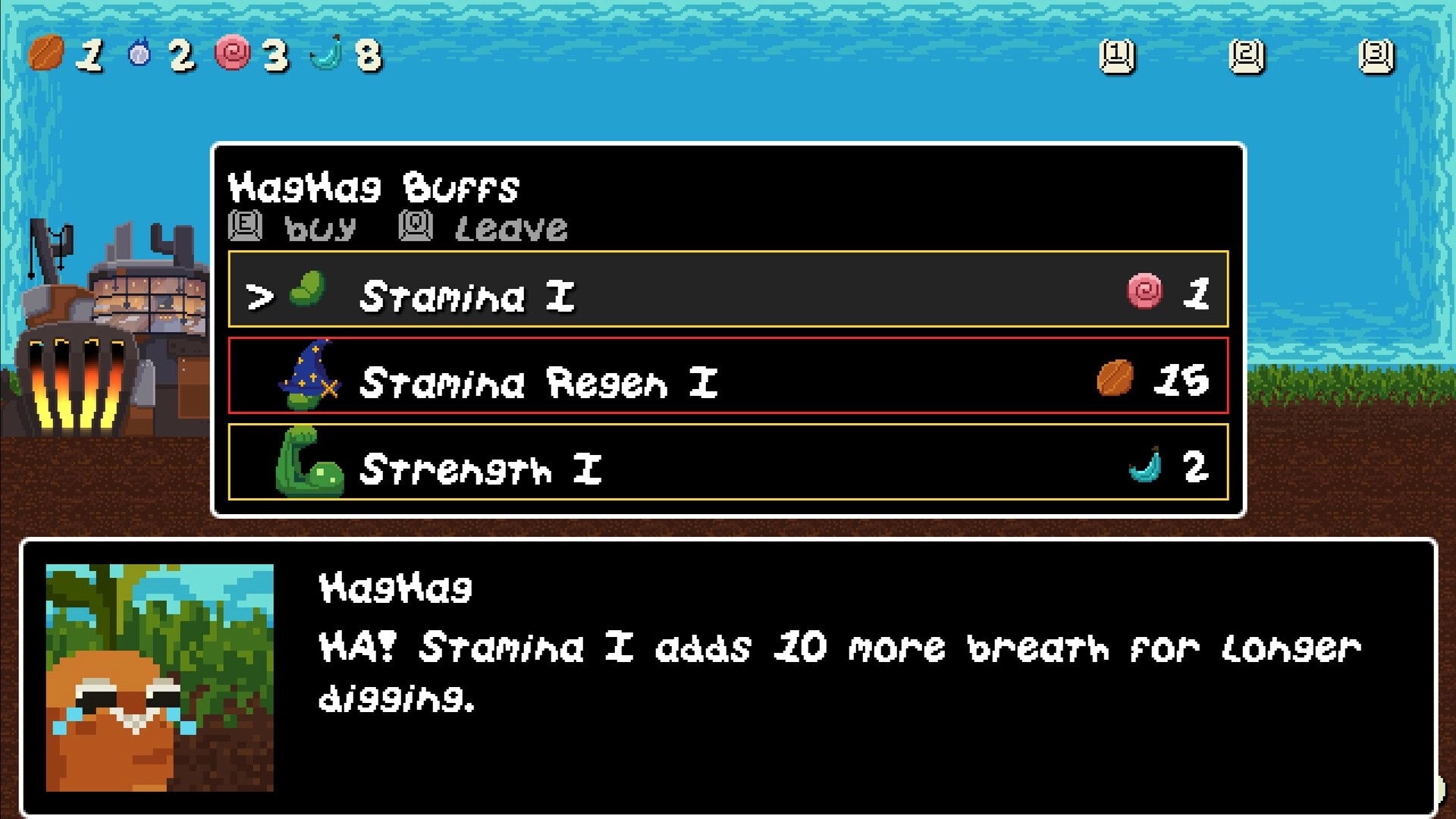 NARNOK: HagHag Buffs shop menu with Stamina I highlighted, sky backdrop and currency counters above.
