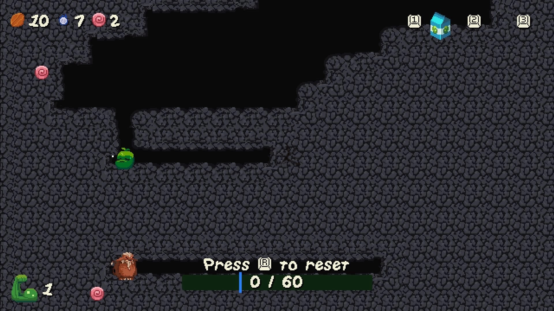 NARNOK: Little Bean digs through stone tunnels with HUD counters and Press R to reset prompt in cave.