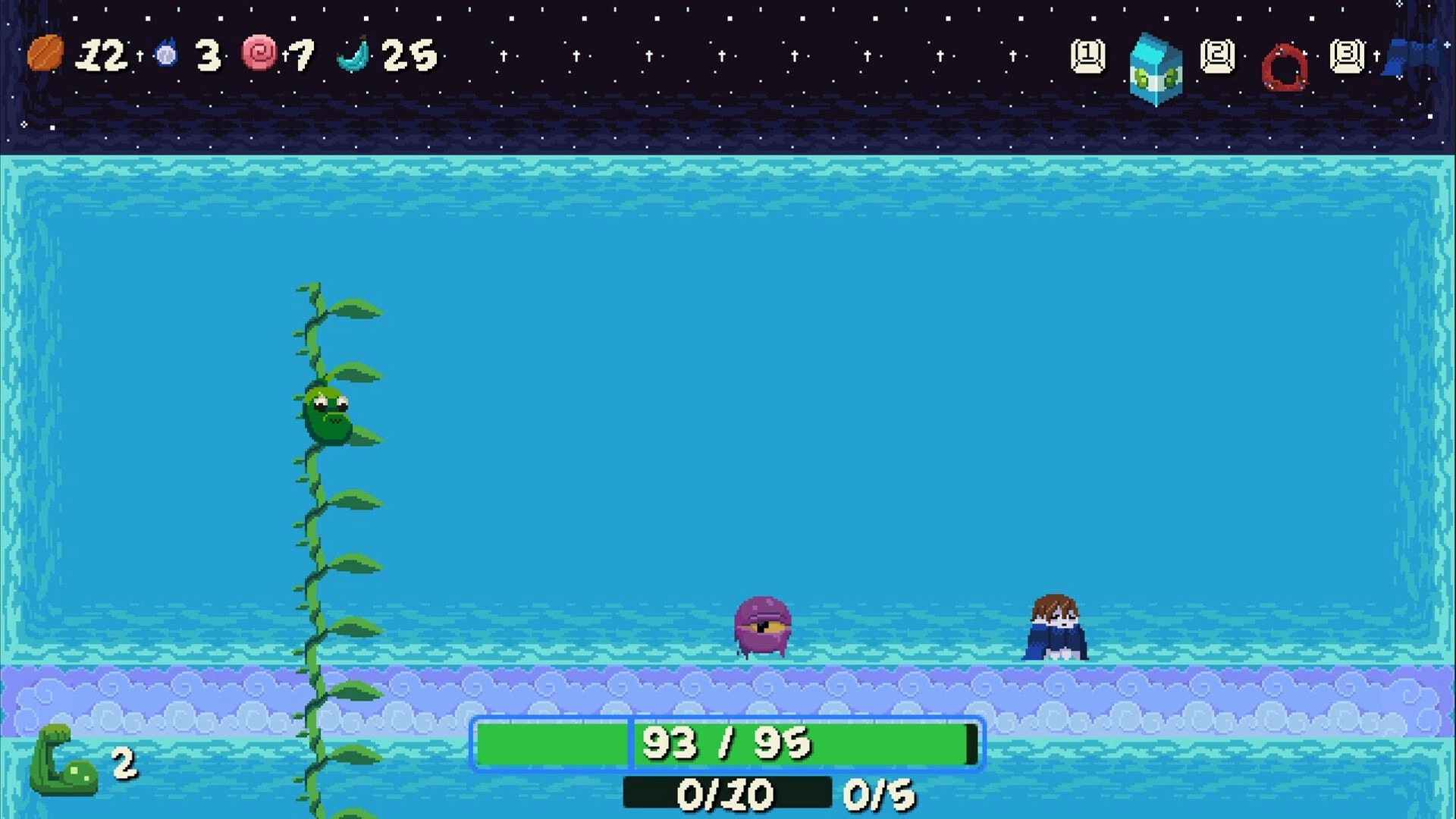 NARNOK: Player and purple blob stand on icy platform by vine, HUD shows 93/95 health bar.