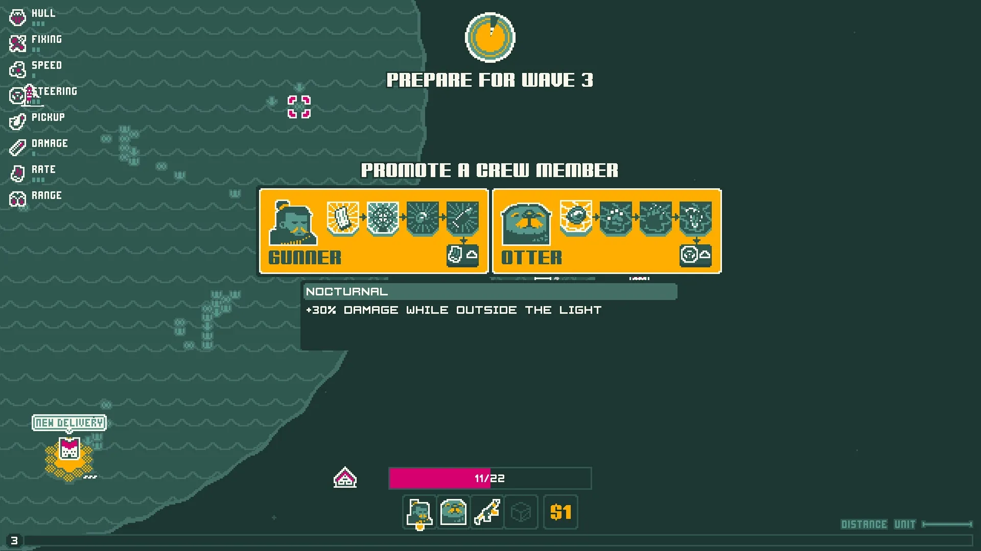 Nautical Survival: Crew promotion menu with Gunner and Otter options during wave preparation at sea.