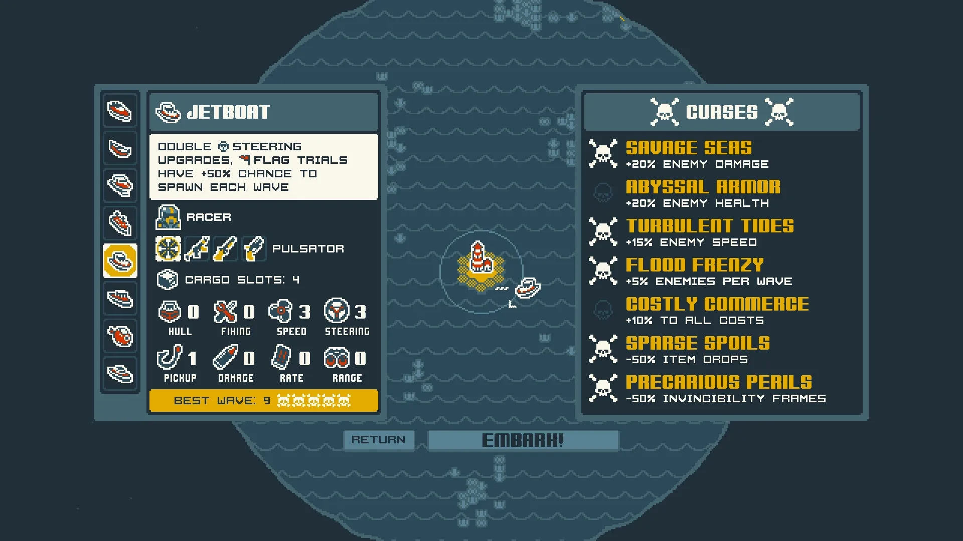 Nautical Survival: Jetboat upgrade menu with curses list and map, ready to embark on a new voyage.