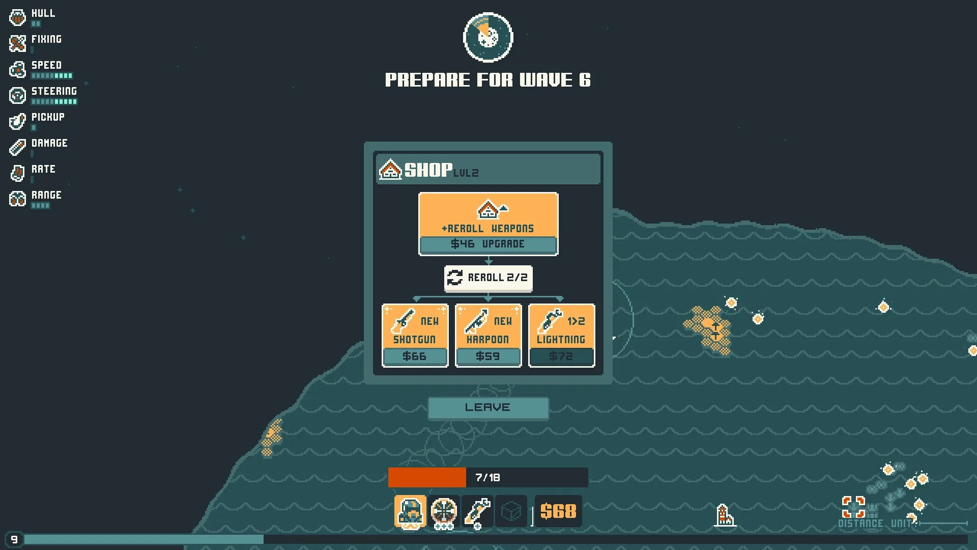 Nautical Survival: Upgrade menu with weapon options and ship stats in ocean setting preparing for wave 6