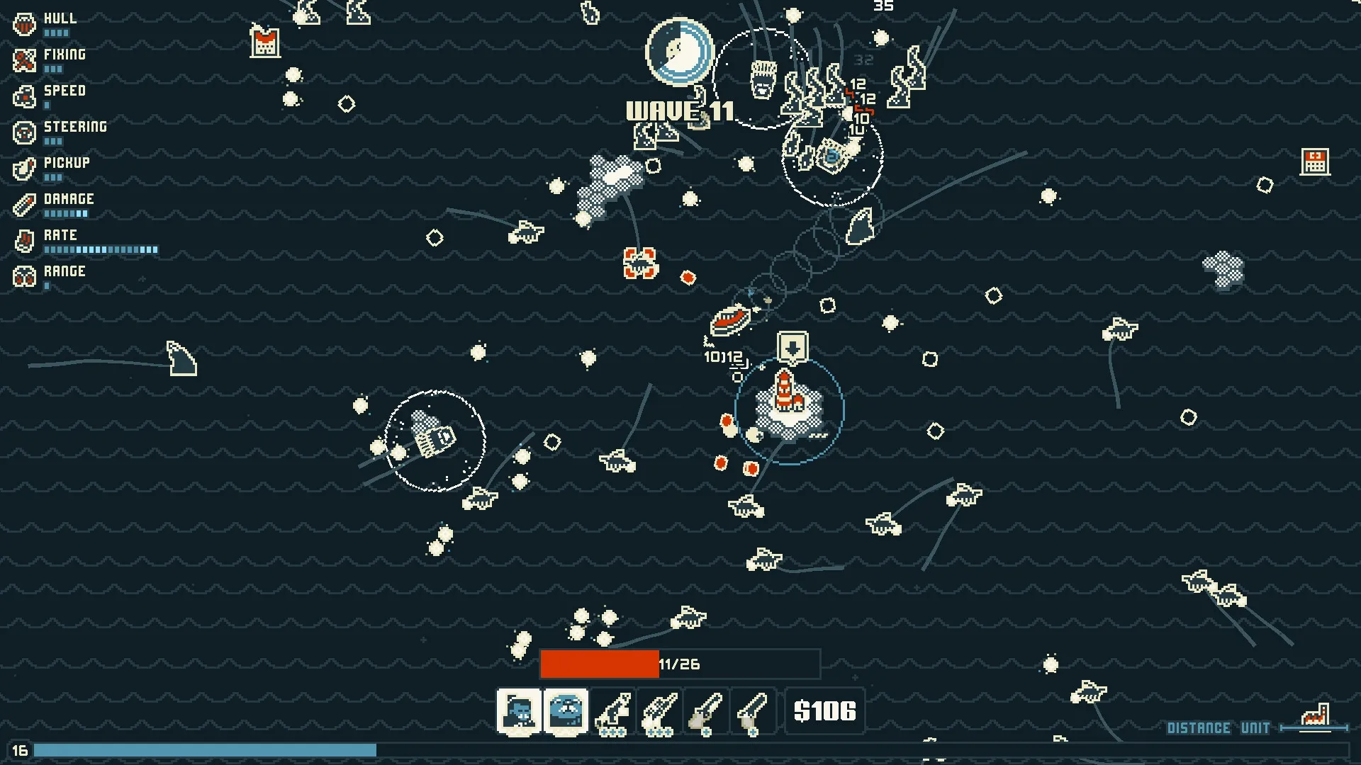 Nautical Survival: Ship battles wave 11 of enemies on pixelated ocean map with HUD stats visible.