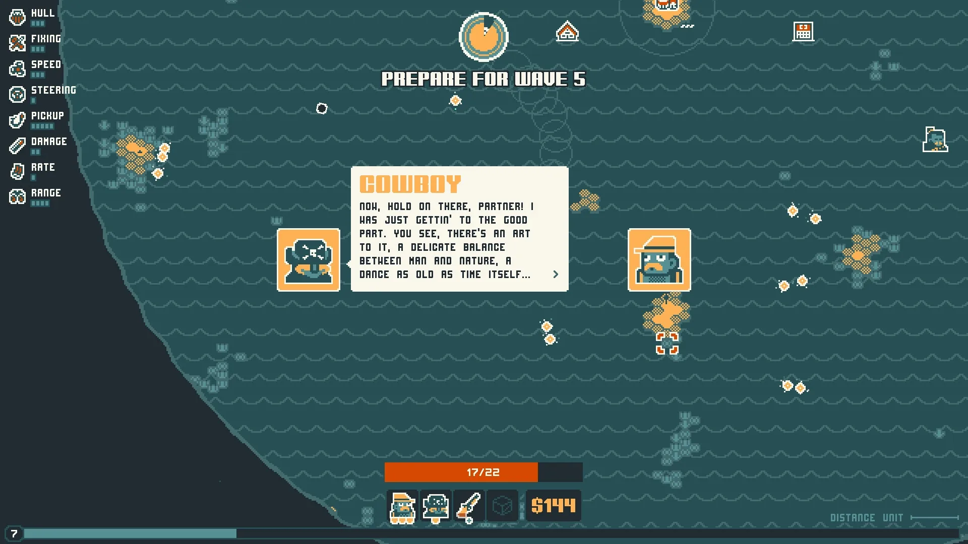 Nautical Survival: Cowboy dialogue box with preparation for wave 5 in oceanic environment
