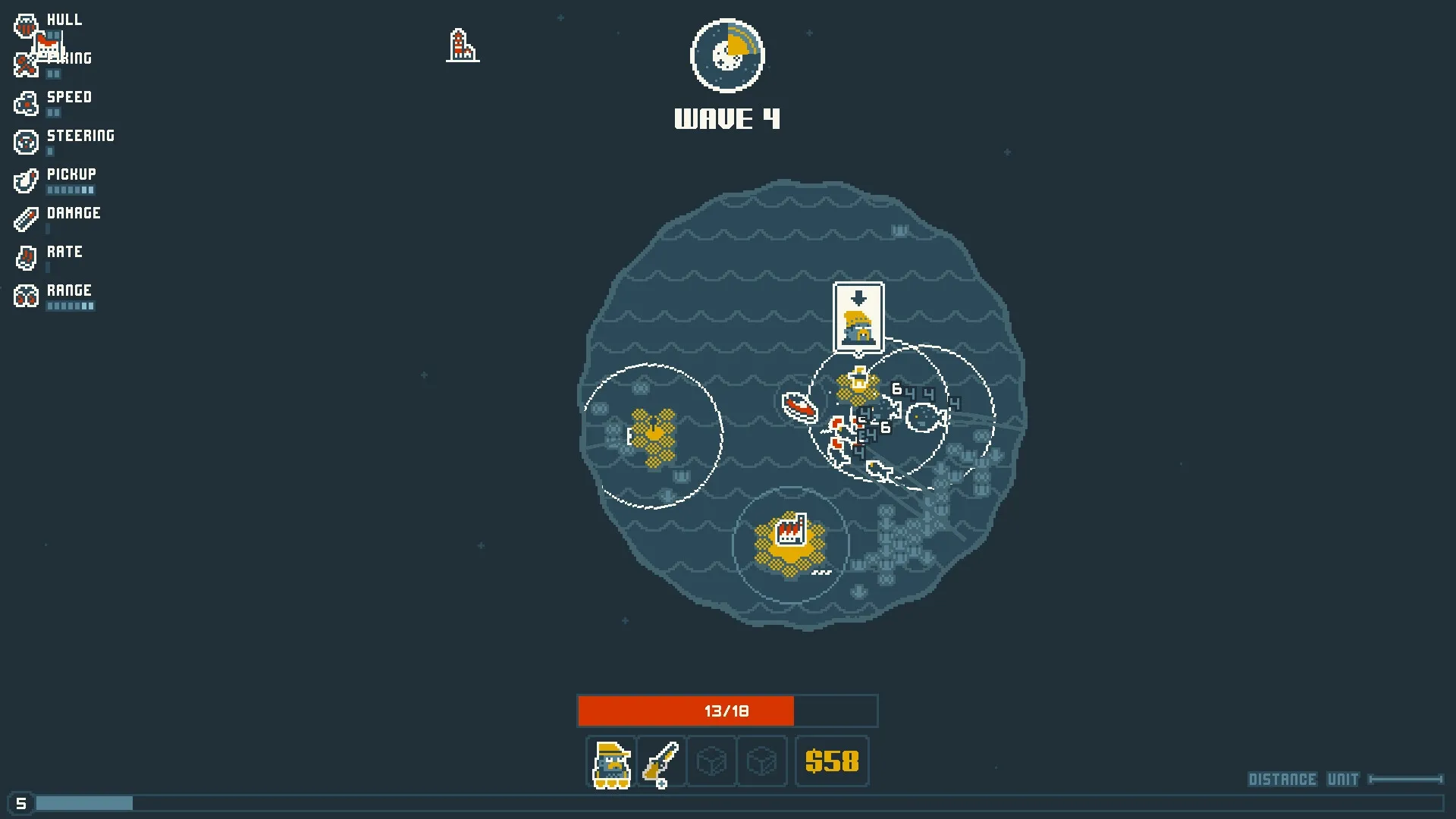 Nautical Survival: Ship combat on sea map with stats menu and enemy waves in pixel art style