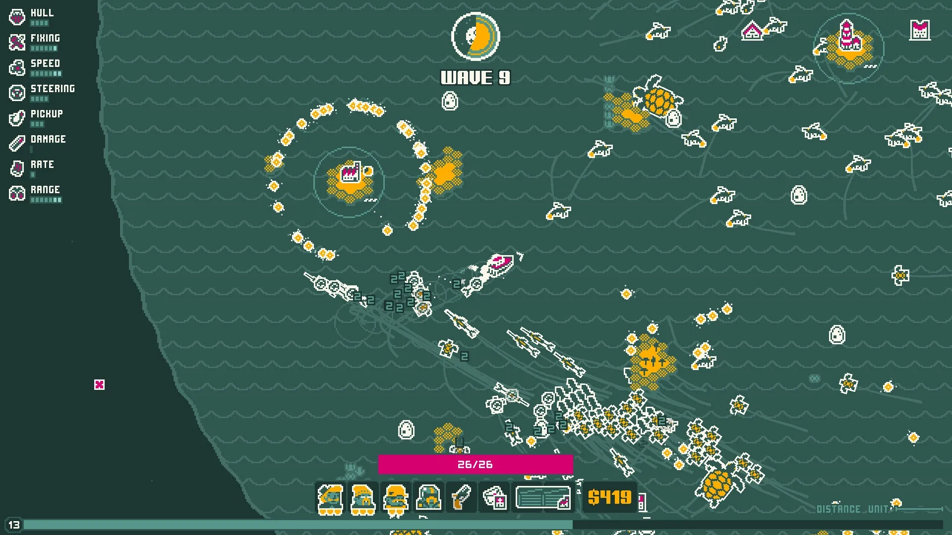 Nautical Survival: Ship battles numerous sea creatures with UI showing hull status and upgrade options