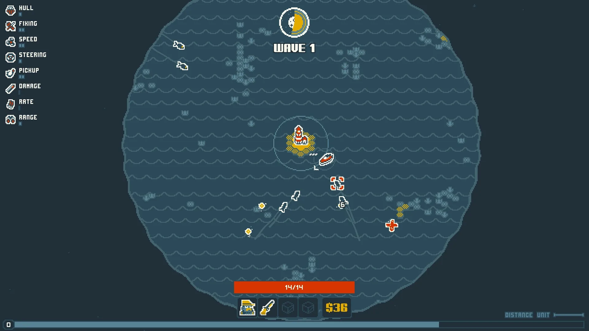 Nautical Survival: Top-down naval battle with enemy ships approaching, wave 1 indicator displayed