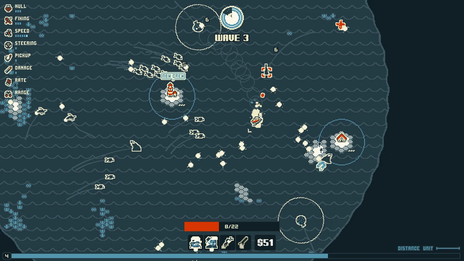 Nautical Survival: Player ship in combat during Wave 3, surrounded by enemies on a tactical sea map.