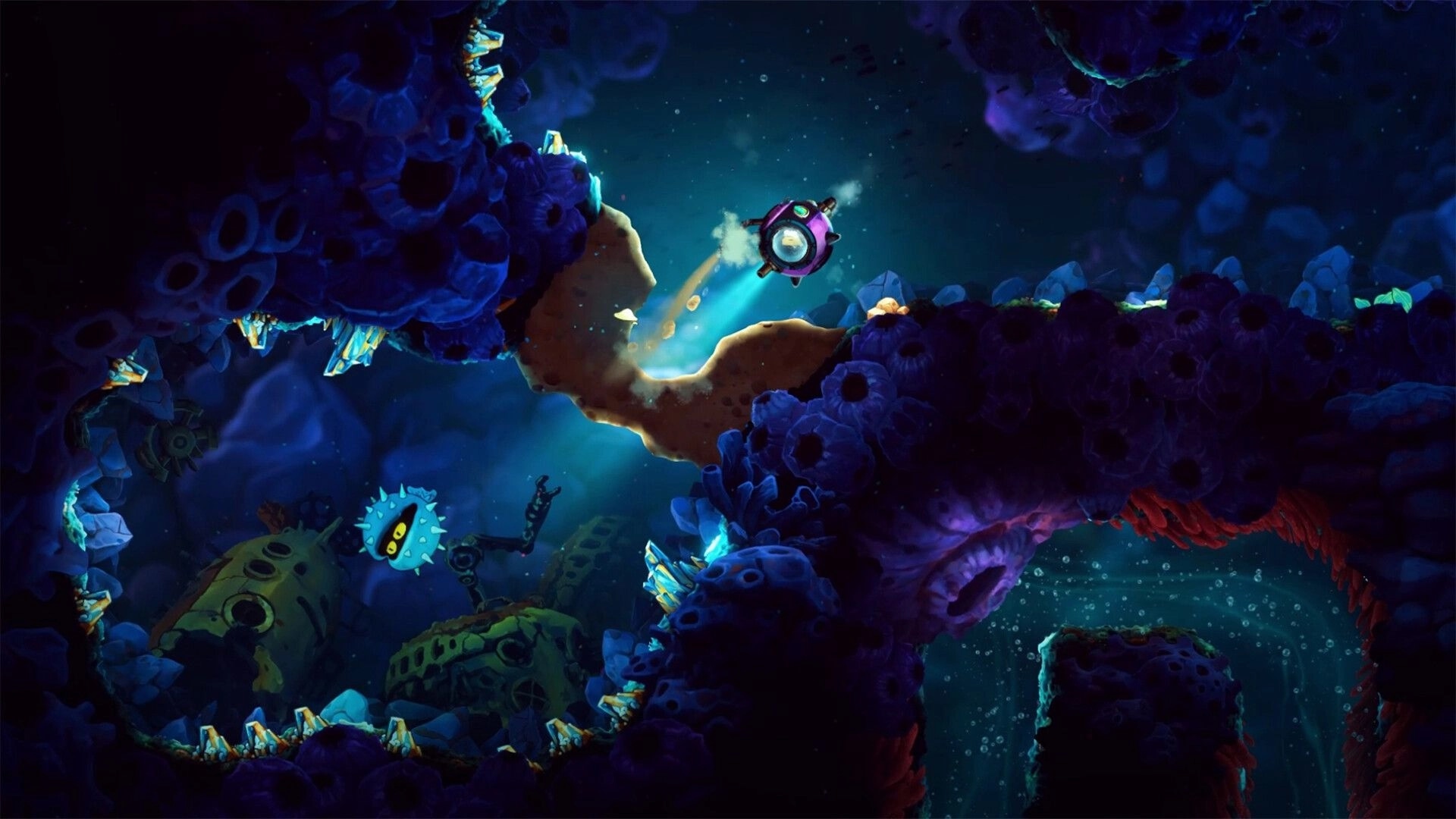 NAUTUS: Small purple submarine shines a headlight through a rocky underwater cave with crystals.