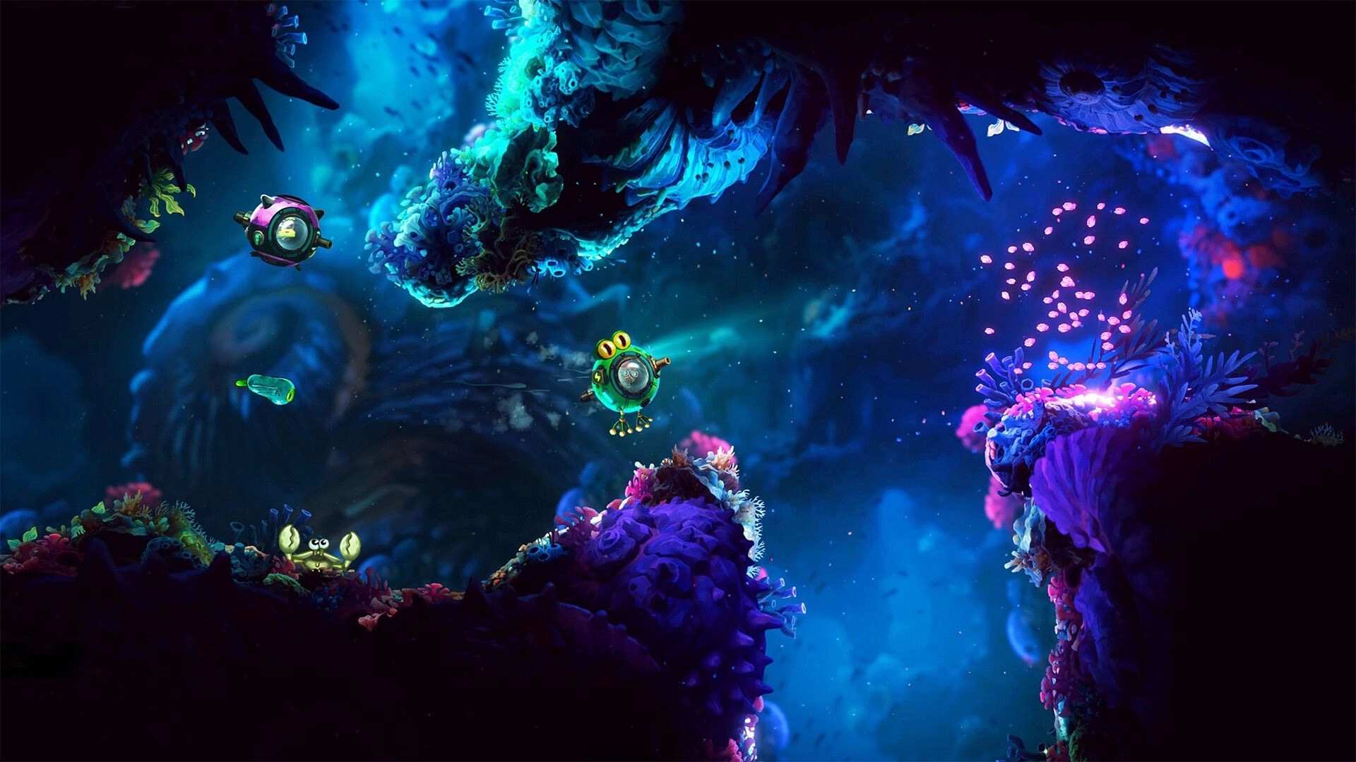 NAUTUS: Two small submarines drift through a glowing coral cave with fish, bubbles, and a crab below.