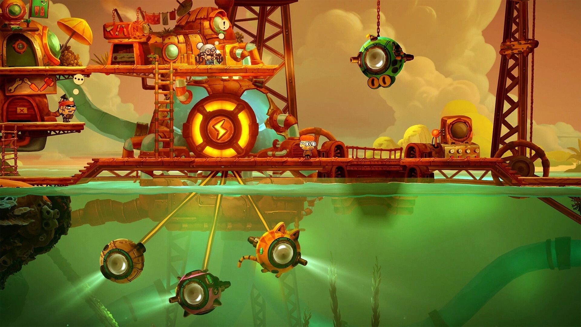NAUTUS: Two characters on a dock by a glowing generator, with mini subs drifting underwater below.