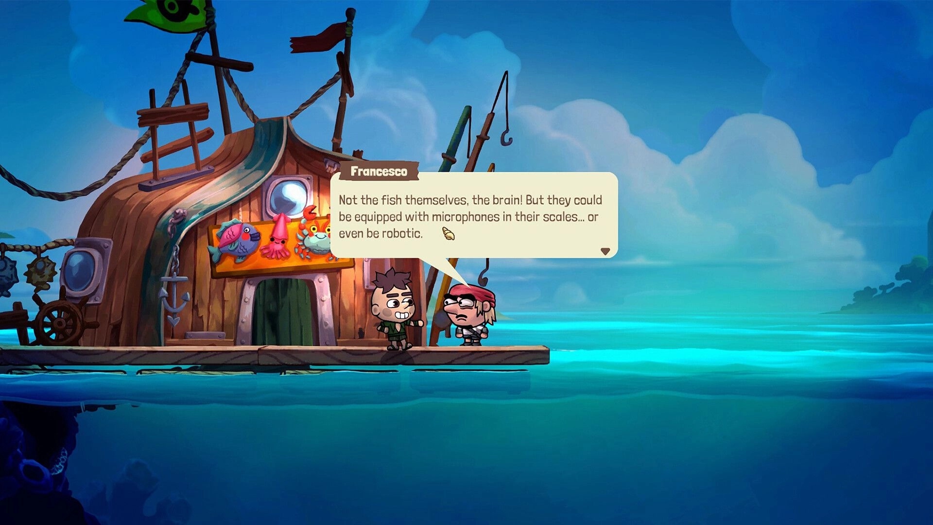 NAUTUS: Chatting with Francesco via dialogue box on a dock beside a quirky seaside shack and calm water.