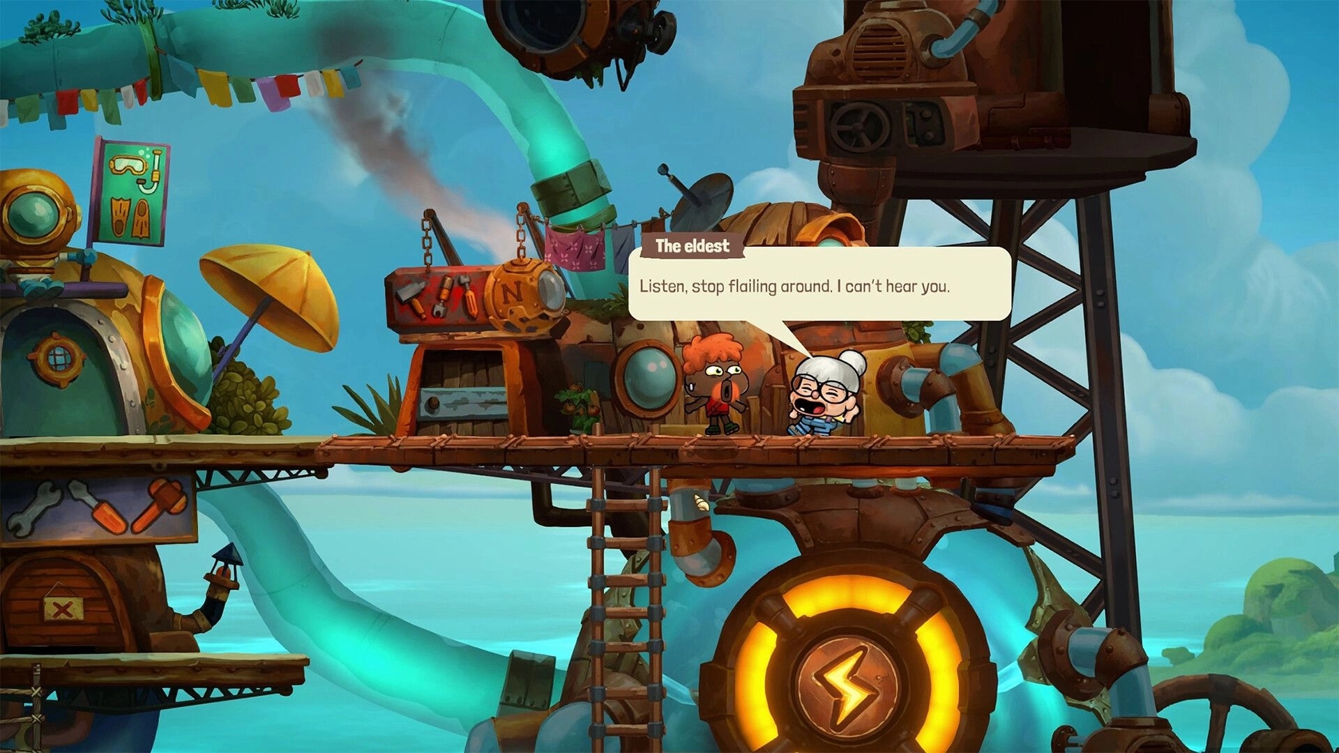 NAUTUS: Chatting with The eldest via dialogue bubble on a wooden platform amid steampunk pipes.