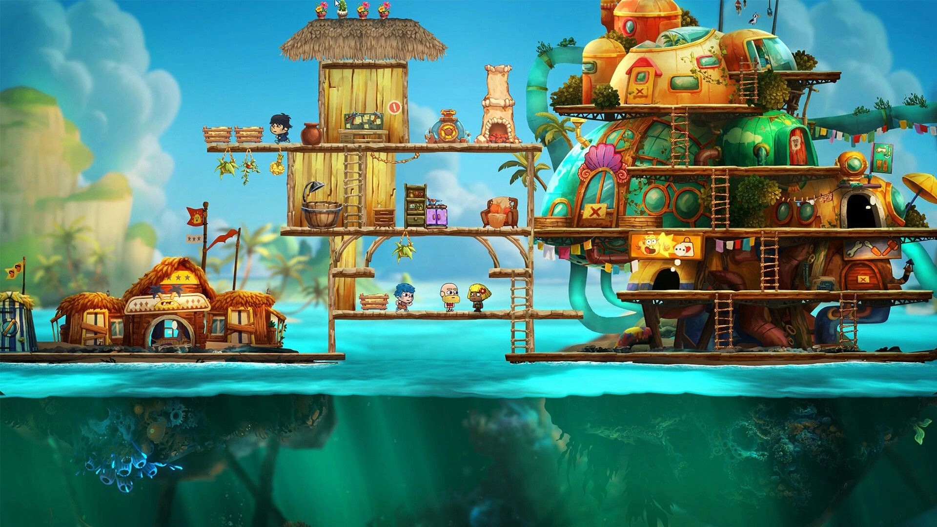 NAUTUS: Three characters explore a wooden dock hub with ladders beside a giant sub base over water.