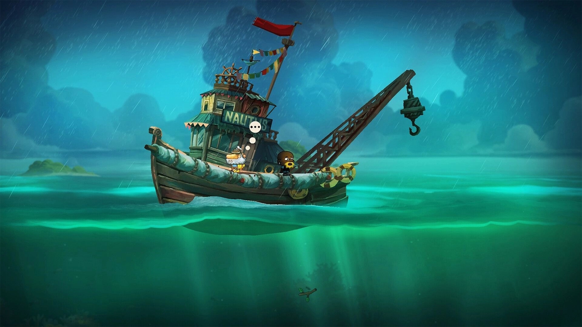 NAUTUS: Two characters stand on a small crane boat in rain, with a speech bubble over the deck.