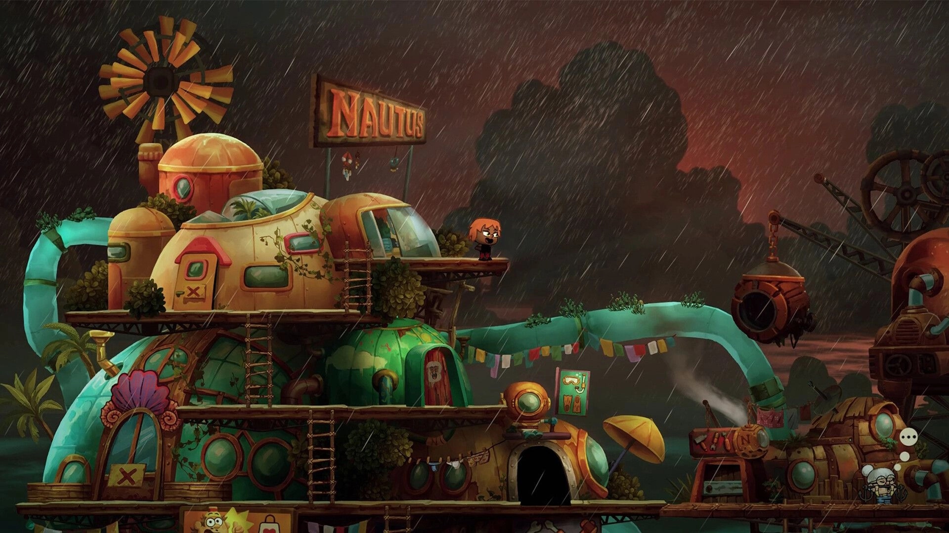 NAUTUS: Small character stands on a platform by a Nautus sign in a rainy village of domed huts.