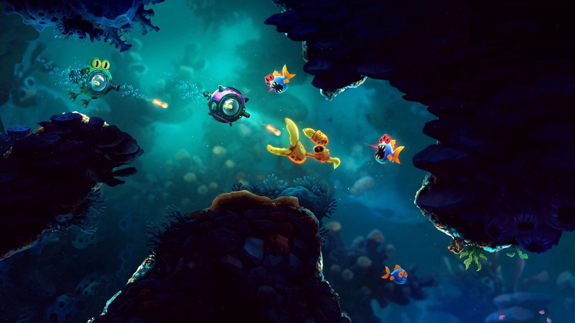 NAUTUS: Two mini submarines fire torpedoes at mutant fish in a glowing underwater cavern.