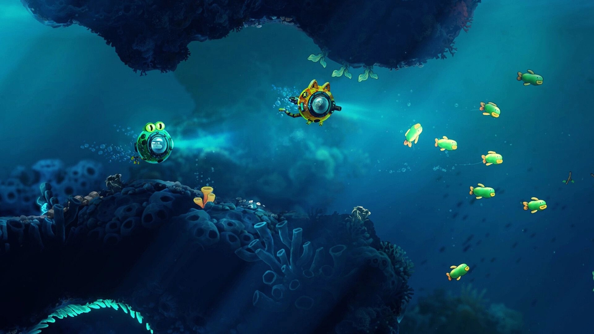 NAUTUS: Two cartoon mini-subs shine headlights while swimming through a deep blue reef with fish.